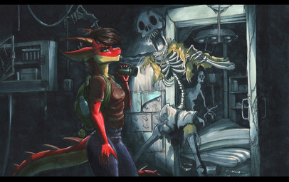 anthro backpack black_bars bone brown_hair female flashlight hair horn hospital multicolored_body red_body skeleton solo tail two_tone_body yellow_sclera ewgengster mythology dragon mythological_creature mythological_scalie scalie wingless_dragon letterbox traditional_media_(artwork)