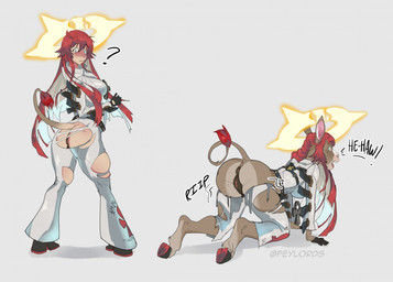 all_fours anthro anus before_and_after bottomwear braying breasts brown_body brown_fur butt clothing female footwear fur genitals grey_background hair hee_haw hooves human_to_anthro pants red_hair shoes simple_background solo species_transformation surprised tail text torn_clothing transformation vulva pika-moo arc_system_works guilty_gear jack-o'_valentine asinus donkey equid equine human mammal 2025 digital_media_(artwork) hi_res