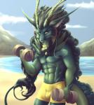 abs anthro bicep_curl black_nose bulge clothed clothing day detailed_background dumbbell green_eyes male outside sky solo standing tail topless weights p-v-s asian_mythology east_asian_mythology mythology dragon eastern_dragon mythological_creature mythological_scalie scalie 2019 digital_media_(artwork) hi_res