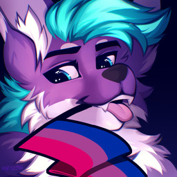 anthro bisexual_pride_colors black_nose blue_eyes blue_hair flag flag_(object) flag_in_mouth fur hair lgbt_pride male pride_colors purple_body purple_fur solo tongue tongue_out ninathepun lgbt_pride_month mox_(antillion123) canid canine fox mammal 1:1 2025 headshot_portrait portrait