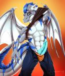 abs anthro bat_wings bottomwear clothed clothing fur genitals hair horn knot looking_at_viewer male membrane_(anatomy) membranous_wings muscular muscular_anthro muscular_male nude pants pecs penis pose shirt solo tail topwear underwear wings nanukkluik mythology razieal dragon mythological_creature mythological_scalie scalie 2019 digital_media_(artwork) pinup