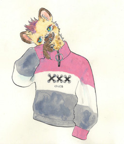 ambiguous_gender anthro brown_body brown_fur claws clothed clothing fur green_eyes hair jacket looking_at_viewer piercing simple_background smile solo teeth text text_on_clothing text_on_topwear topwear white_background kyokyota hyena mammal spotted_hyena 2019 hi_res painting_(artwork) traditional_media_(artwork) watercolor_(artwork)