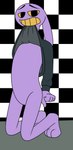 3_toes anthro bottomless checkered checkered_background clothed clothing clothing_lift featureless_crotch feet fist kneeling looking_at_viewer male pattern_background shirt shirt_lift simple_background solo toes topwear aaron_amethyst glitch_productions the_amazing_digital_circus jax_(tadc) lagomorph leporid mammal rabbit absurd_res hi_res