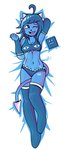 anthro armwear blue_body blue_clothing blue_eyes blue_hair blush bra breasts cleavage clothed clothing elbow_gloves female gloves hair hand_behind_head handwear horn legwear lying navel one_eye_closed open_mouth panties raised_arm seductive solo stockings tail tail_between_legs tongue underwear wink nekomancergd geometry_dash robtopgames clubette demon humanoid hi_res