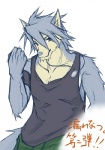 anthro clothing dog_tags exclamation_point fur grey_body grey_eyes grey_fur grey_hair grey_nose hair jewelry looking_at_viewer male necklace shirt simple_background solo tank_top text topwear white_background cc unknown_artist morenatsu kouya_(morenatsu) canid canine canis domestic_dog husky mammal nordic_sled_dog spitz japanese_text translation_request