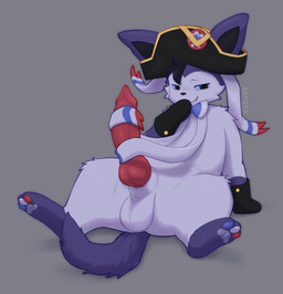 3_toes animal_genitalia animal_penis balls bedroom_eyes bicorne big_balls big_penis blue_tail bow_(anatomy) canine_genitalia canine_penis clothing erection eyebrows fangs feet feral front_view fur genitals gesture hat headgear headwear knot looking_at_viewer male male_feral masturbation narrowed_eyes nude pawpads paws penile penile_masturbation penis presenting presenting_penis quadruped raised_eyebrows ribbonjob ribbons_(anatomy) seductive simple_background sitting smile smiling_at_viewer smirk smirking_at_viewer solo spread_legs spreading tail teeth toes white_body white_fur klyopa fakemon nintendo pokemon fan_character robin_dismas canid eeveelution fakeveelution generation_6_pokemon mammal napoleon_(species) pokemon_(species) sylveon absurd_res hi_res