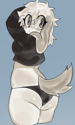 anthro black_clothing black_eyes black_panties black_underwear blush body_blush butt butt_blush clothing crop_top eyelashes eyewear female glasses glistening glistening_butt long_ears looking_at_viewer panties pupils round_glasses shirt simple_background solo tail topwear underwear wearing_glasses white_pupils uovo ume_(uovo) canid canine canis domestic_dog mammal colored colored_sketch digital_drawing_(artwork) digital_media_(artwork) hi_res shaded sketch