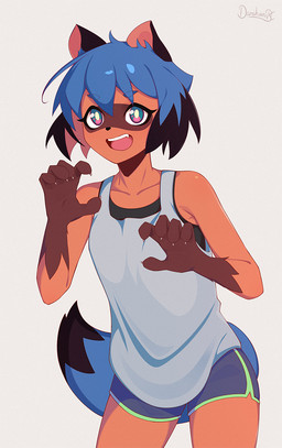 5_fingers anthro biped black_nose blue_body blue_fur blue_hair bottomwear brown_body brown_fur claws clothed clothing cute_fangs dipstick_tail eyebrow_through_hair eyebrows facial_markings fangs female fingers fluffy fluffy_tail fur gloves_(marking) hair head_markings looking_at_viewer markings multicolored_body multicolored_fur multicolored_hair multicolored_tail open_mouth open_smile pupils shirt short_hair shorts simple_background smile solo tail tail_markings teeth topwear translucent translucent_hair two_tone_body two_tone_fur two_tone_hair two_tone_tail white_background white_clothing white_shirt white_topwear darahan brand_new_animal studio_trigger michiru_kagemori canid canine mammal raccoon_dog tanuki 2021 digital_media_(artwork)