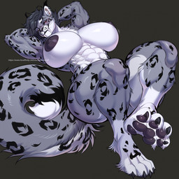 4_toes abs anthro areola bedroom_eyes biceps big_breasts black_areola black_hair black_nipples black_pawpads breasts claws countershade_face countershade_torso countershading digitigrade dipstick_tail fangs feet female female_anthro fur grey_body grey_fur hair hands_behind_head huge_breasts leg_markings looking_at_viewer lying markings muscular muscular_anthro muscular_female muscular_thighs narrowed_eyes nipple_dip nipples nude nude_anthro nude_female on_back pawpads raised_foot sabertooth_(anatomy) seductive simple_background smile smiling_at_viewer socks_(marking) solo spots spotted_body spotted_fur tail tail_markings teeth text thick_thighs toe_claws toes whiskers white_body white_fur polina_graff felid hybrid mammal pantherine prehistoric_species saber-toothed_tiger snow_leopard 1:1 2026 digital_media_(artwork) hi_res url
