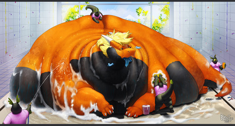 anthro bathing bathroom belly belly_on_ground belly_overhang big_belly big_butt black_body bloated blob_body blonde_hair blue_mouth breath butt cleaning extreme_size_difference fat_rolls feral group hair helping helpless huge_belly huge_butt humiliation immobile male male/male morbidly_obese morbidly_obese_feral morbidly_obese_male nude obese obese_feral obese_male open_mouth orange_body overweight overweight_feral overweight_male panting size_difference timcampy tongue tongue_out wet wet_body yellow_eyes boltheeye mythology cyclops dragon mythological_creature mythological_scalie scalie hi_res