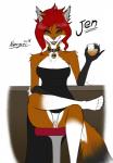 anthro beverage biped clothed clothing collar dress female fur furniture genitals glass hair no_underwear pussy red_hair sitting solo stool tail upskirt nnecgrau jen_(shutupjen) canid canine fox mammal 2016 hi_res