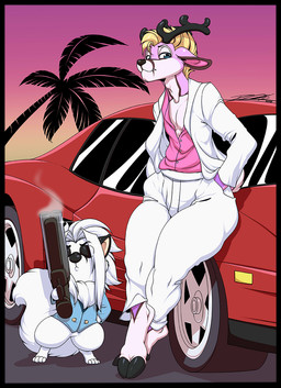 anthro antlers blonde_hair blue_eyes bottomwear car clothing collared_shirt dress_shirt duo eyewear fur gun hair horn jacket male palm_tree pants pink_body pink_fur plant ranged_weapon sawed-off_shotgun shirt shotgun sunglasses topwear tree vehicle weapon white_body white_fur deonwolf deon_(deonwolf) flynn_(flynnbuck) canid canine canis deer mammal wolf 2020 digital_media_(artwork) hi_res