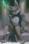 anthro black_claws black_nose breasts claws featureless_breasts female fur grey_body grey_fur leg_wrap looking_at_viewer scarf sitting solo staff yellow_eyes miles_df dreamworks kung_fu_panda zhen_(kung_fu_panda) canid canine corsac_fox fox mammal true_fox 2024