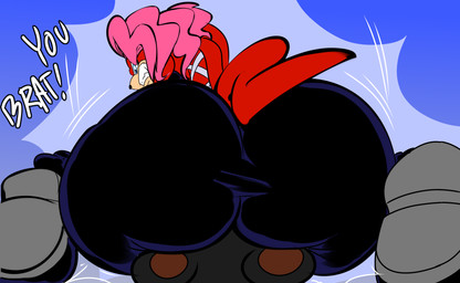 angry anthro big_butt butt butt_focus butt_slam clenched_teeth clothing cybernetics dialogue duo facesitting female furrowed_eyebrows huge_butt looking_back machine male motion_lines rear_view sharp_teeth sitting sitting_on_another teeth text tight_clothing denizen1414 archie_comics sega sonic_the_hedgehog_(archie) sonic_the_hedgehog_(comics) sonic_the_hedgehog_(series) fan_character lien-da bear cyborg echidna mammal monotreme hi_res