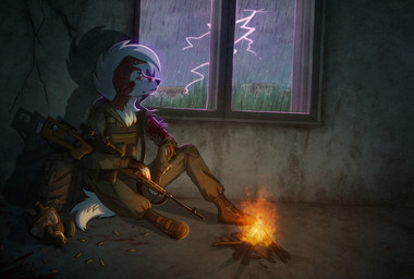 anthro blood bodily_fluids clothing electricity fire fullcolor inside lightning male military military_uniform raining soldier solo stalker uniform warrior window ekvilion nintendo pokemon s.t.a.l.k.e.r. fan_character canid canine generation_7_pokemon lycanroc mammal midnight_lycanroc pokemon_(species) absurd_res full-length_portrait hi_res portrait