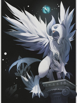 ambiguous_gender column crystal feathered_wings feathers feral fur horn one_eye_obstructed red_eyes solo tail white_body white_feathers white_fur wings mmocc123 nintendo pokemon generation_6_pokemon mega_absol mega_evolution pokemon_(species) 2025 3:4 hi_res