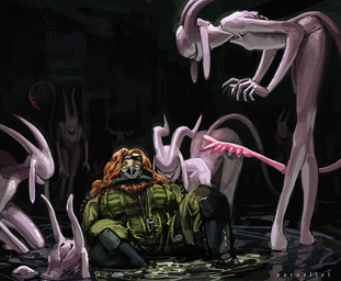 ambiguous_gender boots claws clothing darkness ears_down eyeless eyewear female footwear front_view goggles green_eyes group hair horn horror_(theme) jumpsuit lying mask not_furry on_back orange_hair pale_skin pink_body pivoted_ears sharp_teeth shoes slim smile swimming_pool tail teeth teratophilia water zarzaliel dwarf human humanoid mammal monster monstrous_humanoid hi_res