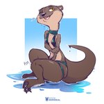 anthro breasts brown_body brown_fur clothed clothing cute_fangs fangs female fur holding_arm one_eye_closed open_mouth pawpads sharp_teeth sitting skimpy solo swimwear tan_body tan_fur teeth two-piece_swimsuit watwr wet whiskers wink yellow_eyes kiaun mammal mustelid otter 1:1 hi_res signature