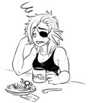 beverage blush breasts coffee container cup duo eye_patch eyewear female food frill_(anatomy) glasses hair hair_over_eye heart_symbol muscular muscular_female muscular_humanoid one_eye_obstructed pasta solo_focus spaghetti tired eigaka undertale undertale_(series) alphys undyne animal_humanoid fish fish_humanoid humanoid marine marine_humanoid monochrome