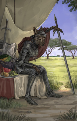anthro armor cross cross_necklace female food fruit grape headgear helmet jewelry melee_weapon melon necklace pear plant solo sword tent tree weapon straziart cynocephalus absurd_res hi_res