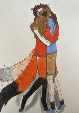 anthro arm_hair bodily_fluids body_hair bottomless bottomwear clothed clothing comforting consoling_another digitigrade dipstick_tail duo eyewear female fluffy fluffy_tail footwear glasses hair hairy_legs hug leg_markings long_hair male male/female markings orange_body pawpads shadow shoes simple_background sneakers socks_(marking) tail tail_markings tail_motion tailwag tears topwear topwear_only dylanaildon_no_2 twokinds eduardo_(dylanaildon_no_2) laura_(twokinds) canid canine fox human keidran mammal hi_res traditional_media_(artwork)