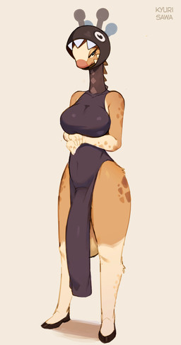 anthro balls big_balls breasts bulge clothing dress front_view genitals gynomorph huge_balls hyper hyper_balls hyper_genitalia intersex long_neck looking_at_viewer pelvic_curtain simple_background smile solo standing tan_body kyurisawa nintendo pokemon farigiraf generation_9_pokemon mammal pokemon_(species) 2023 hi_res