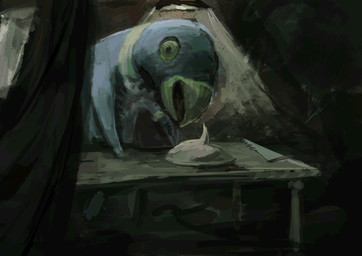 ambiguous_gender anthro beak black_eyes blue_body death furniture killing light nightmare_fuel saw solo stripes table tools yellow_beak yellow_sclera yellow_stripes nitrovu deltarune undertale_(series) onionsan striped_bird_(deltarune) avian bird monster absurd_res digital_media_(artwork) digital_painting_(artwork) hi_res painting_(artwork)
