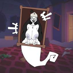 areola big_areola big_breasts big_nipples black_clothing black_headwear breasts clothing cross empty_eyes eyelashes female front_view ghost_tail grey_areola grey_nipples headgear headwear huge_breasts inverted_cross looking_at_viewer nipple_piercing nipples nude open_mouth open_smile picture_frame piercing sharp_teeth smile solo teeth white_eyes wide_hips gallo_wazavi friday_night_funkin' taki_(tokotakki) ghost humanoid spirit 1:1 hi_res