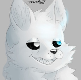 aged_up anthro black_nose black_sclera blue_eyes cheek_tuft chubby_cheeks ear_tuft eyeshadow face_focus facial_tuft glowing glowing_eyes happy head_tuft heterochromia makeup male neck_tuft redesign relaxed_expression relaxing sharp_teeth simple_background slightly_chubby smile solo teeth three-quarter_view tuft white_background white_eyes white_eyeshadow mouselect undertale_(series) annoying_dog_(undertale) sans_(undertale) canid canine canis mammal wolf digital_drawing_(artwork) digital_media_(artwork) digital_painting_(artwork) painting_(artwork)