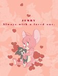 animal_plushie anthro cat_plushie heart_symbol holding_object holding_plushie hug looking_aside looking_away male pink_background plushie simple_background sitting solo text atori metro-goldwyn-mayer tom_and_jerry jerry_mouse mammal mouse murid murine rodent english_text hi_res