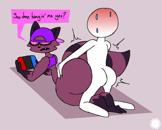 anthro backwards_baseball_cap backwards_hat baseball_cap big_butt blush bodily_fluids brown_body brown_fur bubble_butt butt cheek_tuft clothing crop_top curvy_figure dialogue emanata eyelashes facial_markings facial_tuft fangs femboy flash_emanata fur gloves_(marking) hat head_markings headgear headwear huge_butt inner_ear_fluff leg_markings logo lying male male/male markings mask_(marking) on_front red_sclera sex shirt small_waist socks_(marking) speech_bubble striped_markings striped_tail stripes sweat sweatdrop tail tail_markings teeth text thick_thighs topwear tuft wasp_waist wide_hips thatdawgmurray nintendo nintendo_switch dorian_(algebraicad) humanoid mammal procyonid raccoon aliasing artist_logo artist_name digital_media_(artwork) english_text hi_res signature