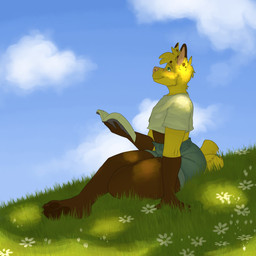 anthro barefoot blue_sky book bottomwear brown_body brown_fur clothed clothed_anthro clothed_male clothing cloud crop_top day denim denim_bottomwear denim_clothing denim_shorts ear_markings feet femboy fingers flower fully_clothed fully_clothed_anthro fully_clothed_male fur gloves_(marking) grass green_eyes green_grass hair hand_on_ground happy hindpaw light looking_up male markings multicolored_body multicolored_fur nub_tail outside paws pink_nose plant shirt shorts sitting sitting_on_ground sky smile solo sunlight tail tail_motion tailwag thick_thighs topwear tuft two_colored_fur two_tone_body two_tone_fur white_clothing white_crop_top white_topwear yellow_body yellow_fur dumbdogfinn cream_(creamcorgi) canid canine canis domestic_dog herding_dog mammal pastoral_dog welsh_corgi 1:1 2025 colored digital_drawing_(artwork) digital_media_(artwork) hi_res shaded