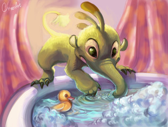 3_toes 4_fingers antennae_(anatomy) bath bubble bubble_bath claws curtains dipstick_antennae feet fingers fur green_body green_claws green_eyes green_fur multicolored_antennae no_sclera proboscis_(anatomy) rubber_duck solo toes trunk_(anatomy) water creesa disney lilo_and_stitch felix_(lilo_and_stitch) alien experiment_(lilo_and_stitch) 2021 digital_drawing_(artwork) digital_media_(artwork) hi_res signature