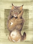 5_fingers anthro breasts brown_body brown_fur female fingers fluffy fur humanoid_hands navel nude nude_anthro nude_female pink_nose smile solo scale_(artist) felid feline lynx mammal oil_painting_(artwork) painting_(artwork) signature traditional_painting_(artwork)