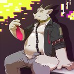 anthro belly bottomwear brown_nose clothed clothing collar horn humanoid_hands male navel open_clothing open_shirt open_topwear overweight overweight_anthro overweight_male pants shirt sitting solo topwear henjikotetsu bovid caprine mammal 1:1 2018