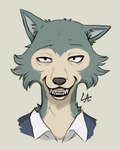 anthro bloodshot_eyes fangs fur grey_body grey_fur grin looking_at_viewer male showing_teeth smile smiling_at_viewer solo teeth veiny_eye wolframclaws beastars legoshi_(beastars) canid canine canis mammal wolf