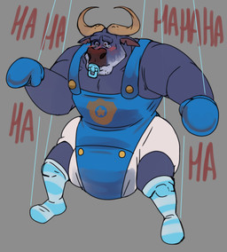 abdl ageplay anthro blush clean_diaper clothed clothing diaper footwear handwear horn humiliation infantilism laughing_at male mittens mocking overalls pacifier puppet_strings roleplay simple_background socks solo submissive submissive_male text wearing_diaper anothermeekone disney zootopia chief_bogo bovid bovine cape_buffalo mammal 2024 absurd_res hi_res