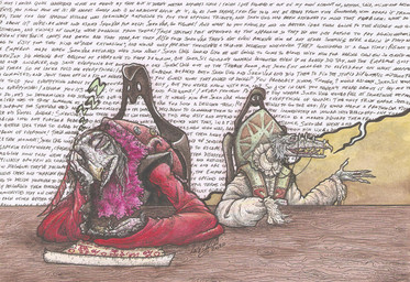 annoyed anthro beak biped clothed clothing dialogue duo elderly fangs fully_clothed gown humor inside multi_limb ornate_furniture renaissance_clothing sleeping speech_bubble teeth text text_background wall_of_text skekla_(artist) the_dark_crystal skekla_the_illustrator skekok_the_scroll_keeper alien skeksis 2020 comic english_text signature herm_(lore)