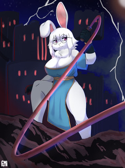 anthro big_breasts breasts castle eyewear female fur glasses moon solo thunder whip white_body white_fur fumicake castlevania konami bnuyu_(lornalla) simon_belmont lagomorph leporid mammal rabbit absurd_res hi_res