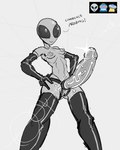 armwear breasts clothing dialogue elbow_gloves emoji female genitals gloves hands_on_hips handwear legwear nipples not_furry pussy solo standing strapon text thigh_highs profannytea alien alien_humanoid humanoid roswell_grey 2024 4:5 english_text greyscale monochrome portrait sketch three-quarter_portrait