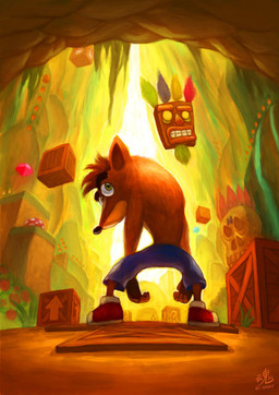 anthro box clothing container detailed_background duo footwear fur looking_back male mask ry-spirit activision crash_bandicoot_(series) aku-aku crash_bandicoot bandicoot mammal marsupial 2015 signature