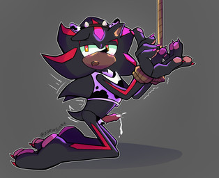 animal_print anthro arms_tied blush blush_lines bodily_fluids bound bound_together cow_print cum duo ejaculation femboy genital_fluids hands_tied male male_anthro text zoeurbisquit sega sonic_the_hedgehog_(series) shadow_the_hedgehog eulipotyphlan hedgehog mammal artist_name hi_res