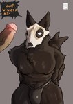 anthro canid canine canis clothing cosplay costume dialogue drstrangeluvve duo english_text genitals halloween hi_res holidays looking_up male male/male mammal mask muscular penis scp-1471-a scp_foundation sitting skull_mask surprised_expression text thong underwear wide_eyed wolf