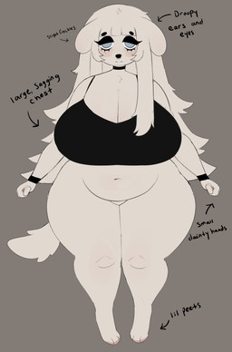 anthro bangs barefoot belly big_breasts black_clothing black_topwear blue_eyes bottomless breasts choker cleavage clothed clothing eyeshadow facial_piercing feet female freckled_face freckles grey_background hair half-closed_eyes huge_breasts jewelry long_hair makeup narrowed_eyes navel necklace nose_piercing nose_ring overweight overweight_anthro overweight_female piercing ring_piercing simple_background solo tail text thick_thighs topwear white_body white_hair wide_hips wristband vetarix lily_(vetarix) canid canine canis domestic_dog mammal alternate_version_at_source english_text hi_res