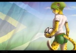 aged_up anthro anthrofied ball biped black_bars bottomwear butt clothed clothing flag fur furgonomic_bottomwear furgonomics green_eyes green_hair hair looking_at_viewer looking_back male mascot outside pants pink_nose rear_view shirt shorts sky soccer soccer_ball solo south_africa south_african south_african_flag sport standing tail tail_button_bottoms tail_clothing topwear whiskers zenthetiger zakumi felid leopard mammal pantherine 2010 letterbox wallpaper