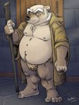 anthro belly big_belly blue_eyes bulge clothing detailed_background fur grey_body grey_fur humanoid_hands male mature_male medieval moobs nipples overweight overweight_anthro overweight_male smile solo underwear walking_stick k-9 disney robin_hood_(disney) friar_tuck badger mammal mustelid musteline 2023 hi_res signature