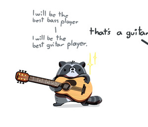 acoustic_guitar anthro biped black_eyes black_nose chibi dot_eyes grey_body guitar musical_instrument plucked_string_instrument simple_background simple_eyes solo string_instrument text white_background happyraccoons mammal procyonid raccoon 2022 english_text hi_res