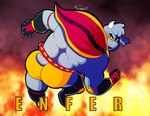 anthro belt big_butt butt cape clothing fur grey_body grey_fur horn male muscular muscular_anthro muscular_male red_eyes solo speedo swimwear wrestler yellow_sclera possbooty kings_of_hell enfer_belial bovid caprine goat mammal hi_res