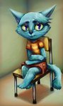 anthro blue_body blue_fur bottomwear chair claws clothed clothing female fur furgonomics furniture pattern_clothing pattern_shirt pattern_topwear purple_eyes shirt sitting skirt solo striped_clothing striped_shirt striped_topwear stripes tail tail_through_skirt topwear buttercup_saiyan blucini domestic_cat felid feline felis mammal digital_media_(artwork) hi_res krita_(artwork)