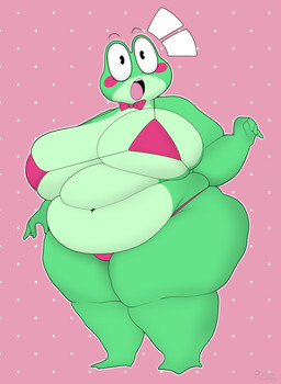 anthro belly_rolls big_breasts bikini bow_tie breasts clothing countershade_face countershade_torso countershading female floating_eyebrows green_body huge_breasts navel obese obese_female outline overweight overweight_female pink_background red_bow_tie shocked simple_background solo swimwear two-piece_swimsuit white_outline puhba glitch_productions the_amazing_digital_circus ribbit_(tadc) amphibian frog 2026 absurd_res hi_res